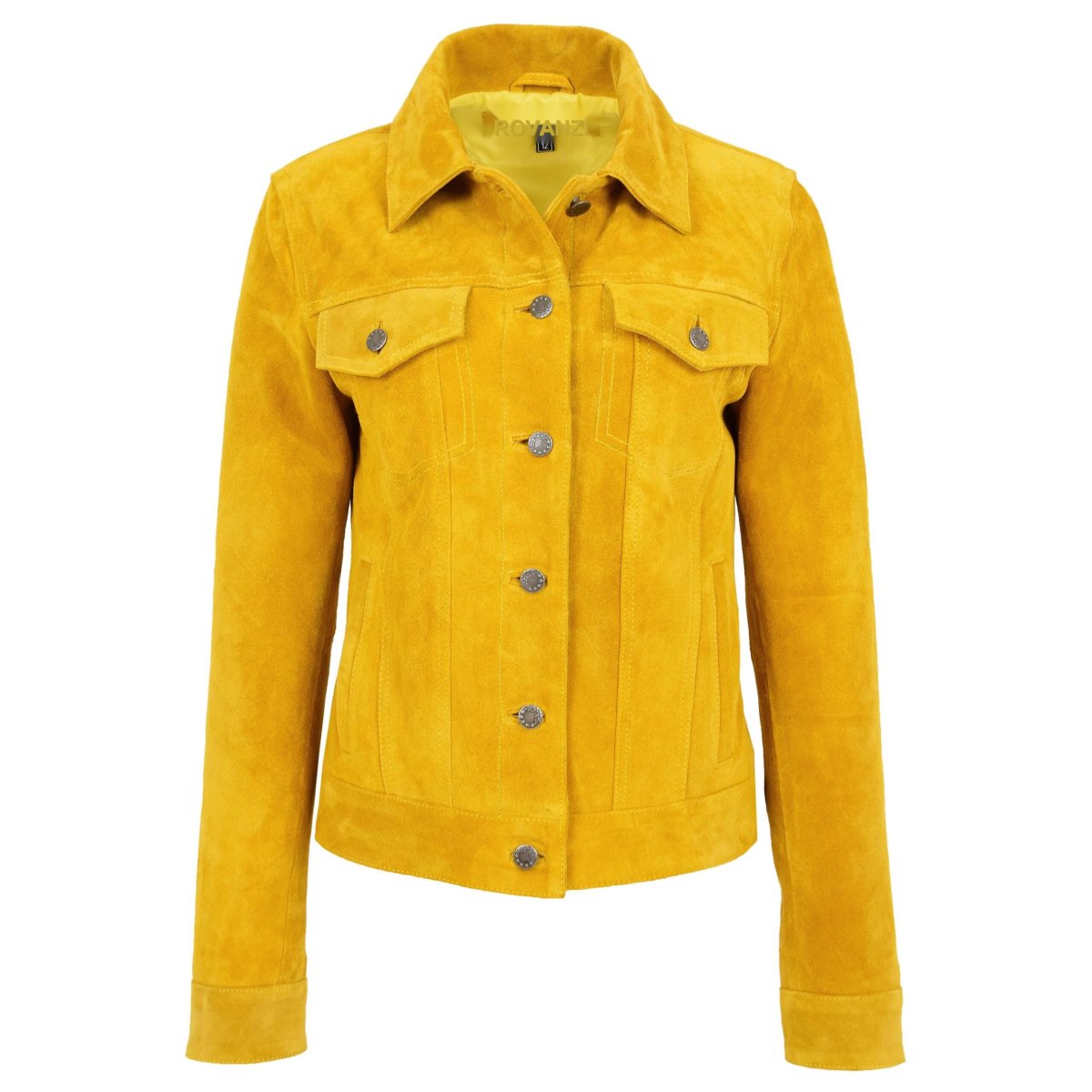 BUNERI Chaqueta Estilo Camionero de Piel de Ante Auténtica para Mujer Amarillo - Imagen 4