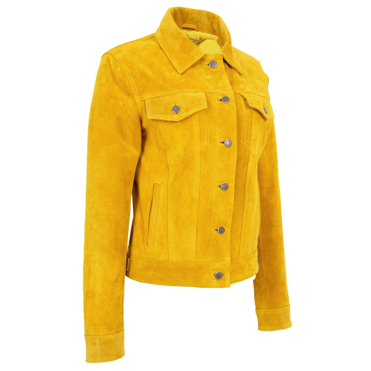 BUNERI Chaqueta Estilo Camionero de Piel de Ante Auténtica para Mujer Amarillo - Imagen 7