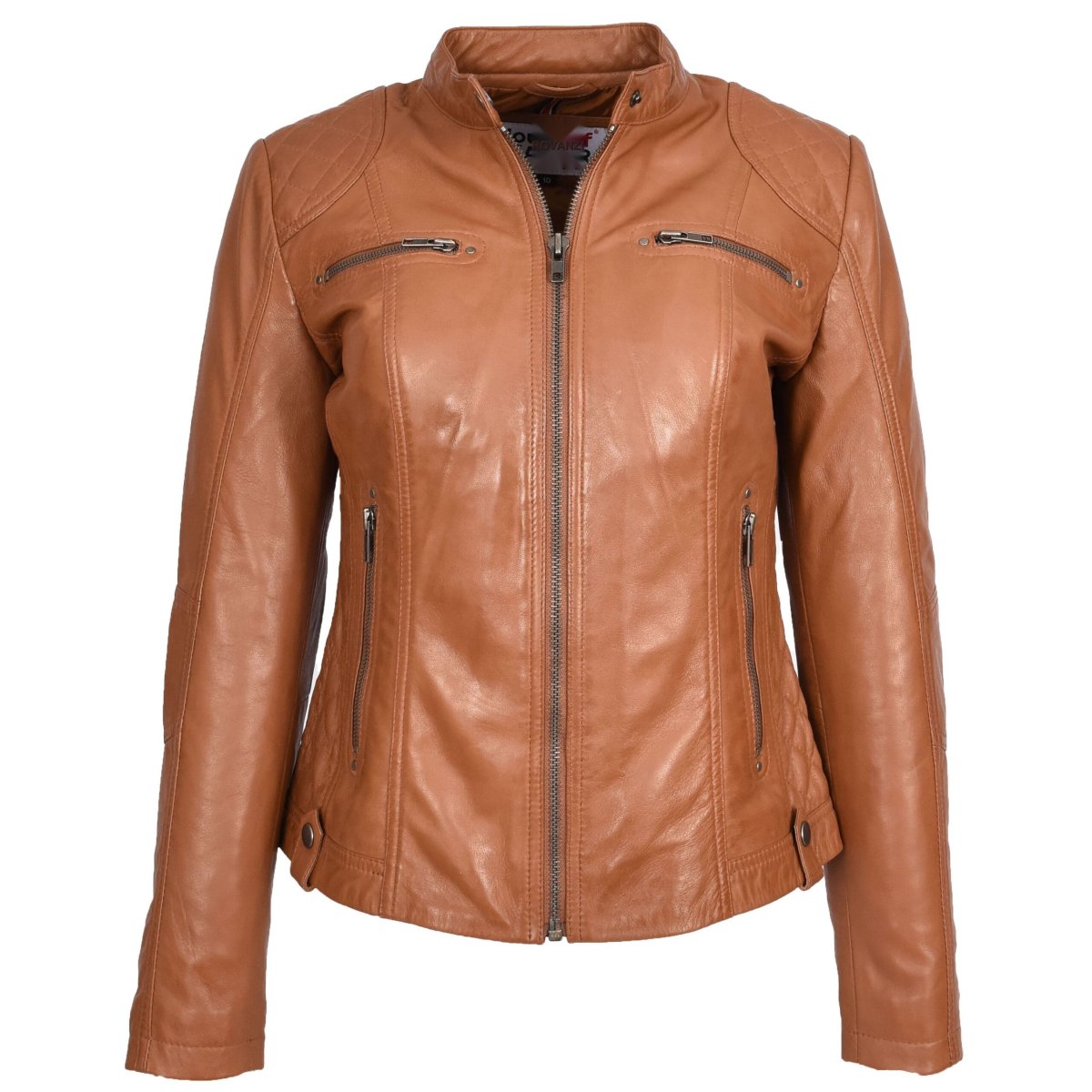 BUNERI Chaqueta Cafe Racer Fiona Tostado de Cuero Auténtico Acolchada - Imagen 2