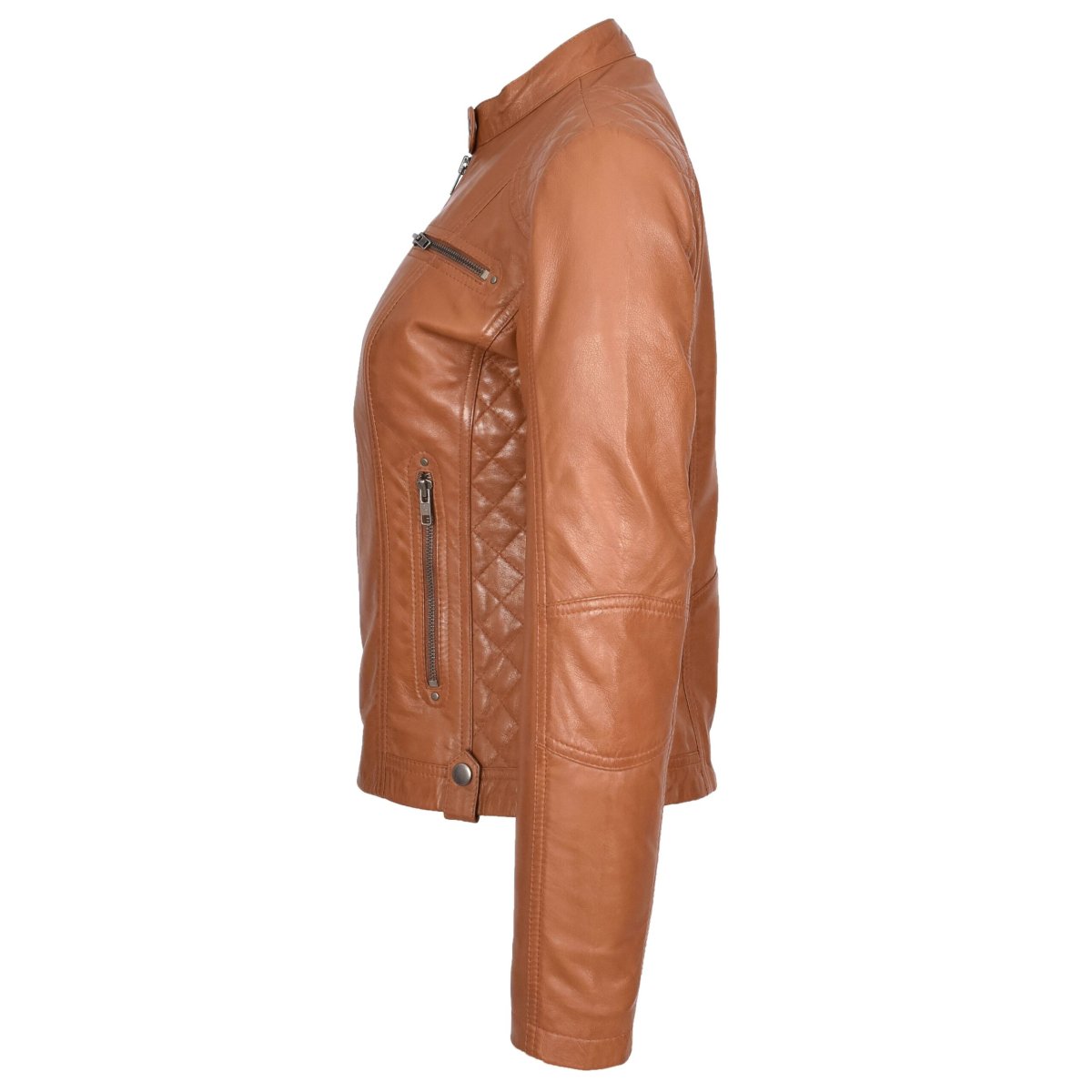 BUNERI Chaqueta Cafe Racer Fiona Tostado de Cuero Auténtico Acolchada - Imagen 5