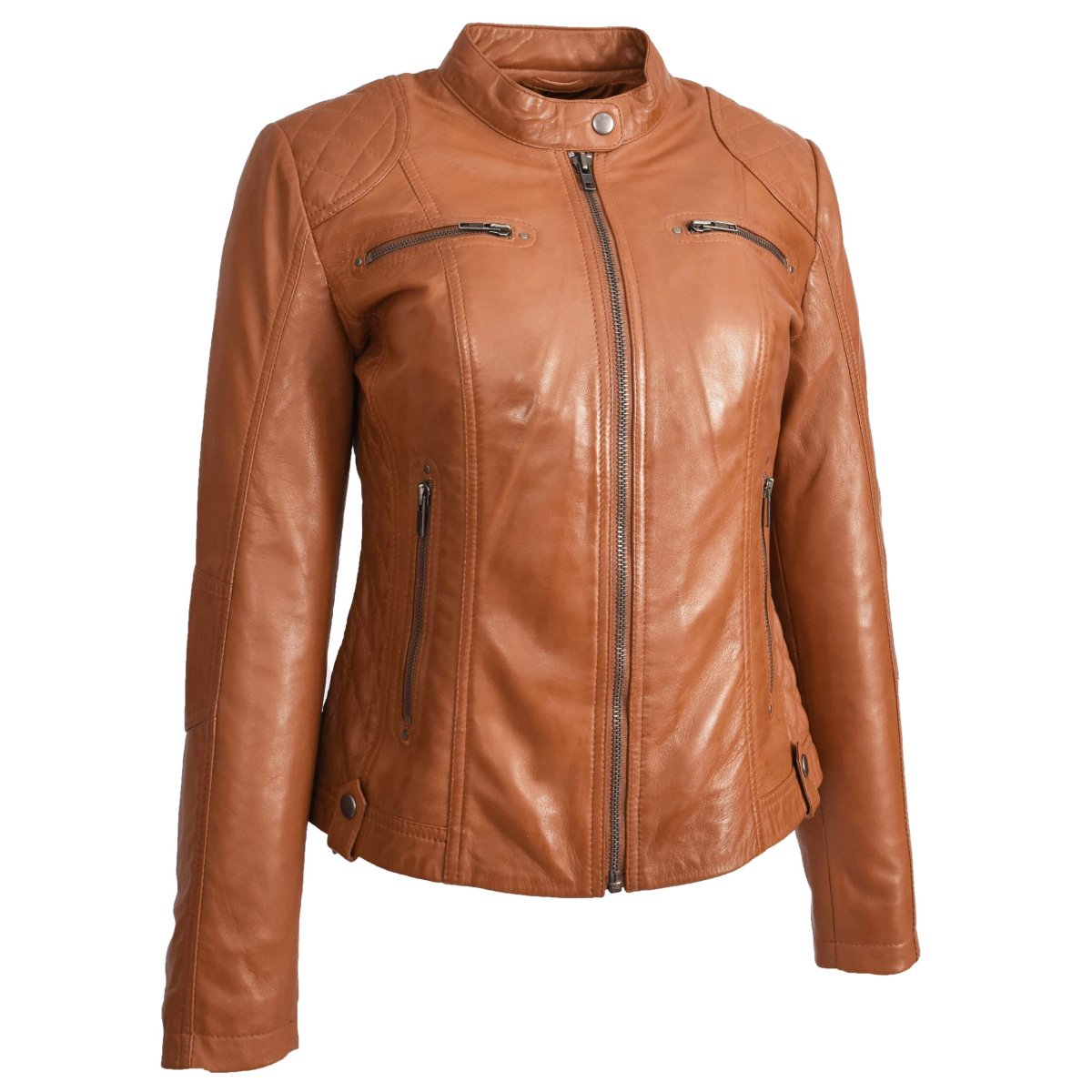BUNERI Chaqueta Cafe Racer Fiona Tostado de Cuero Auténtico Acolchada - Imagen 4