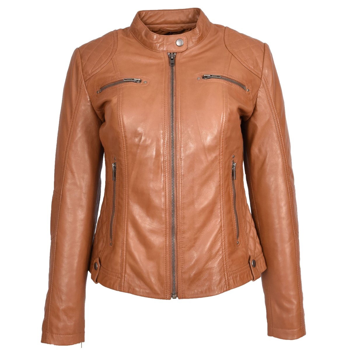 BUNERI Chaqueta Cafe Racer Fiona Tostado de Cuero Auténtico Acolchada - Imagen 6