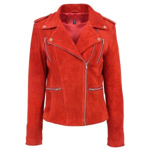 BUNERI Chaqueta Mujer Ante Estilo Biker Cremallera Roja