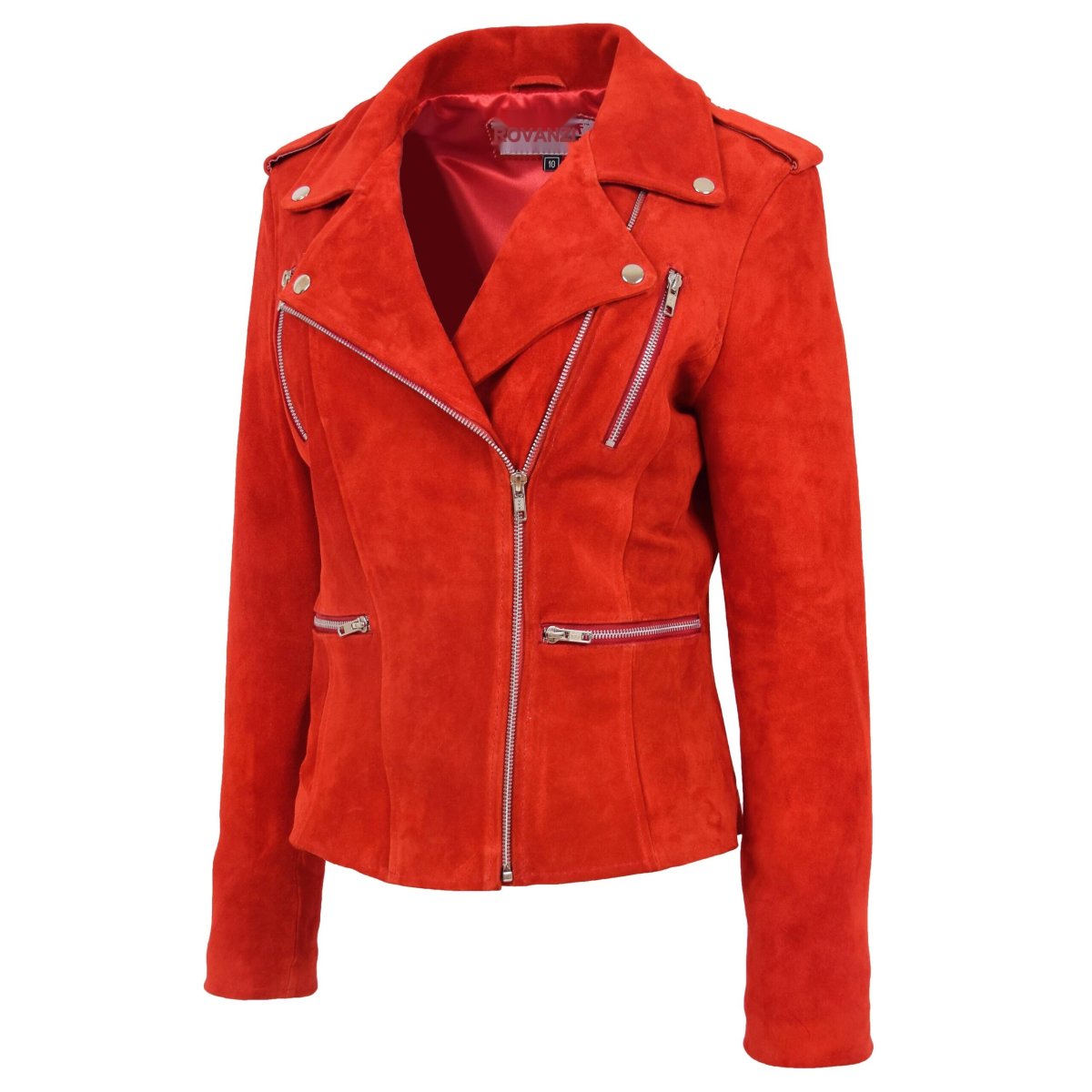 BUNERI Chaqueta Mujer Ante Estilo Biker Cremallera Roja - Imagen 6