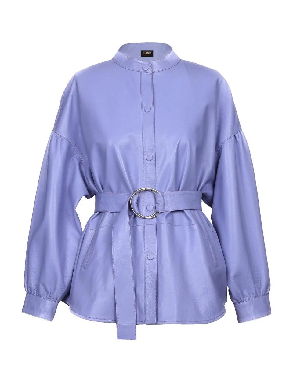 Chaqueta de piel de oveja color lavanda con cinturón para mujer - Imagen 2