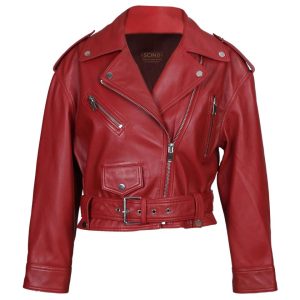 Chaqueta corta de piel de oveja negra para mujer, estilo motero.