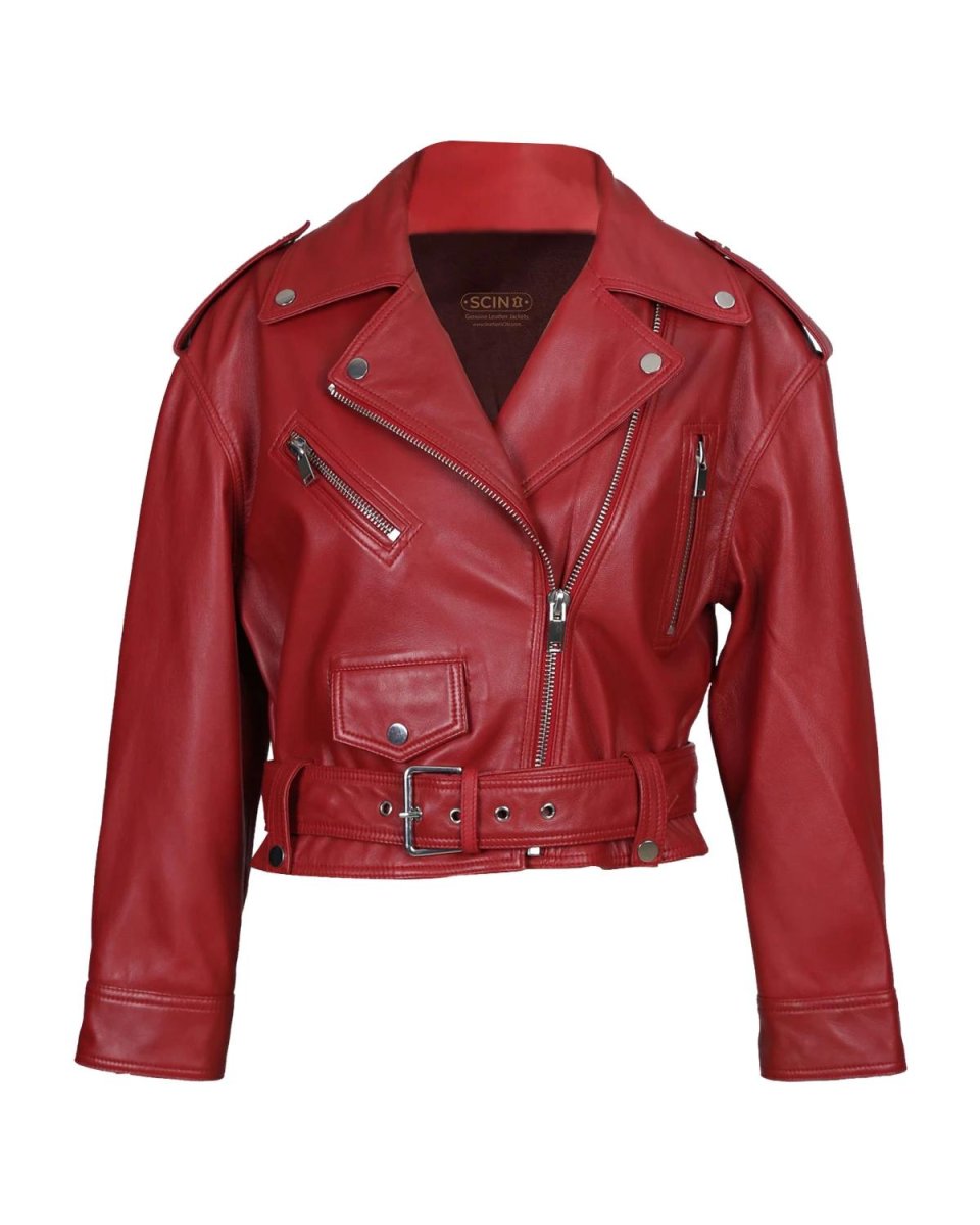 Chaqueta corta de piel de oveja negra para mujer, estilo motero.