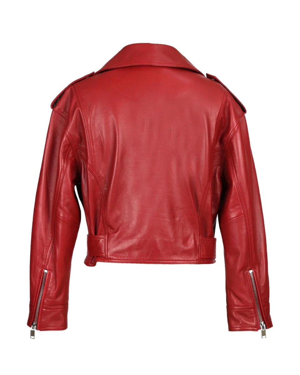 Chaqueta corta de piel de oveja negra para mujer, estilo motero. - Imagen 3