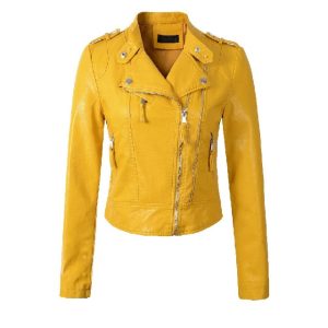 Chaqueta de mujer entallada de piel auténtica amarilla con cremallera lateral sencilla.