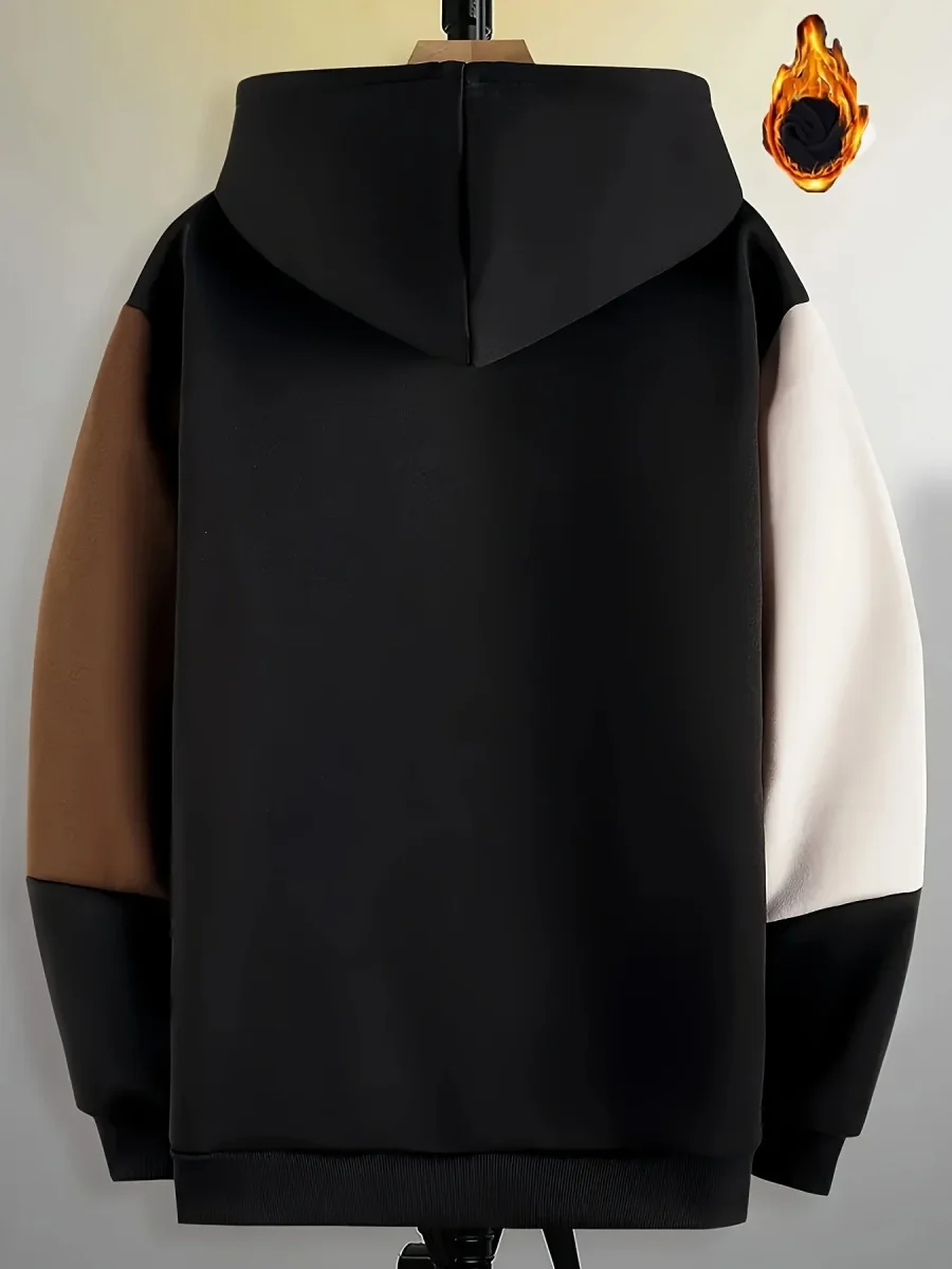 Sweat à Capuche Color Block Homme Noir Beige Marron Manches Longues Doublé Polaire - Imagen 5