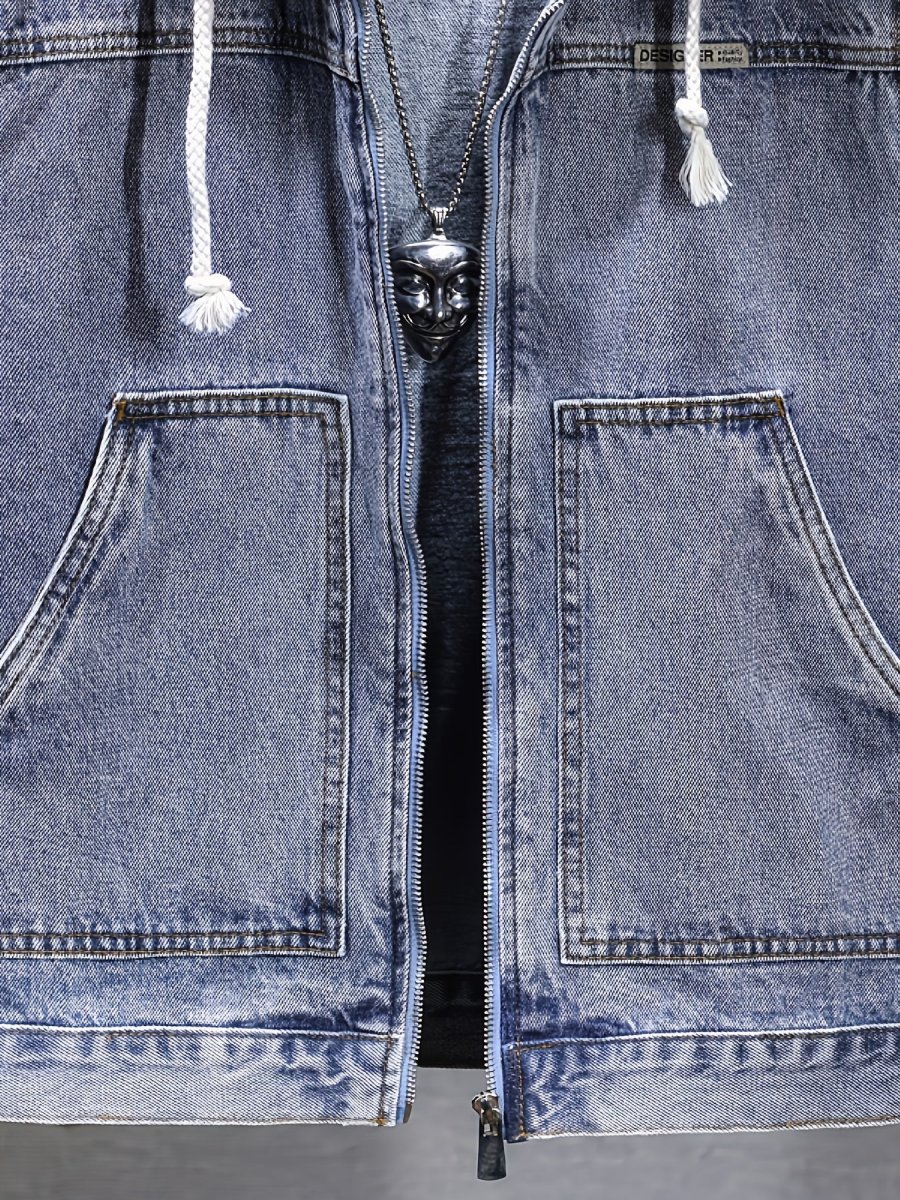Veste sans manches à capuche pour homme en denim noir délavé - Imagen 9