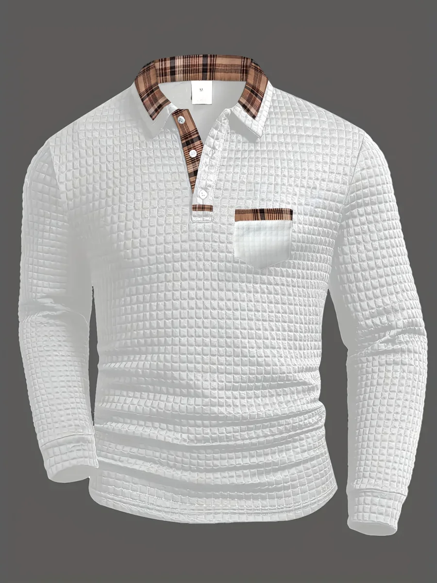 Polo homme à manches longues texturé motif gaufré avec col et poche à carreaux - Imagen 6
