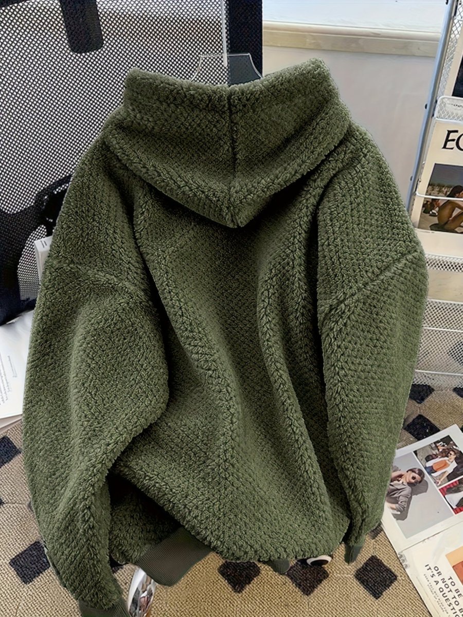Sweat à Capuche Doux Effet Peluche Vert Militaire avec Cordon Contrastant - Imagen 9