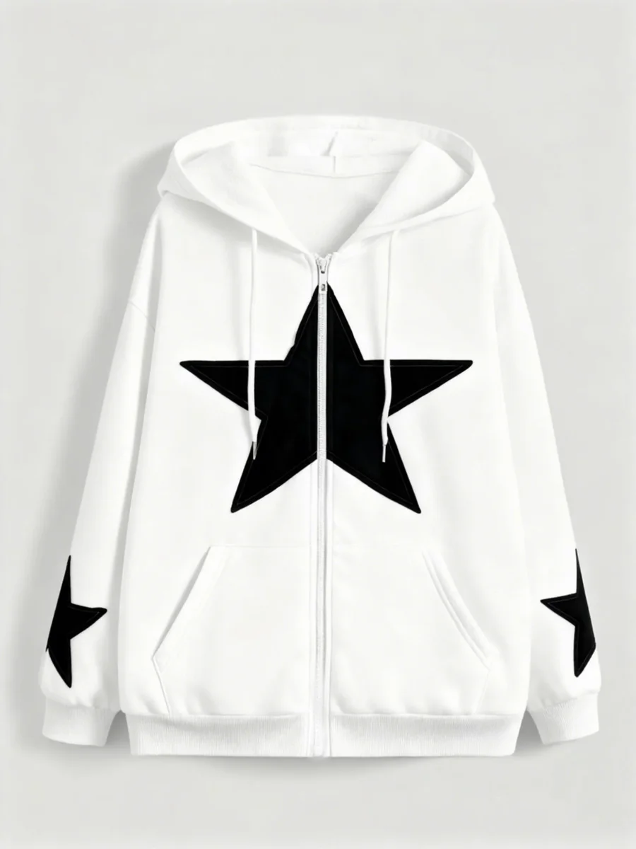 Sweat à capuche zippé marron avec motif étoile gris délavé - Imagen 6