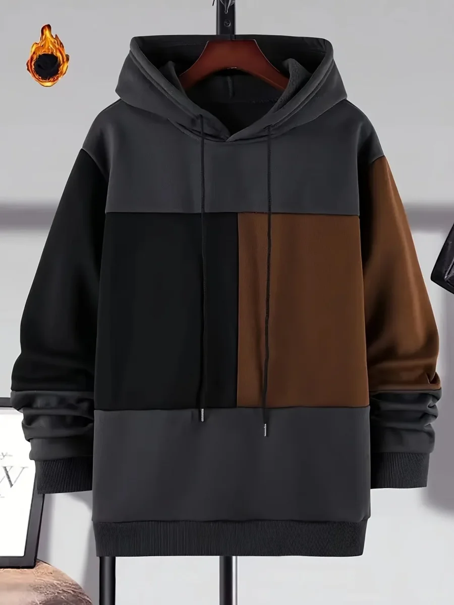 Sweat à Capuche Color Block Homme Noir Beige Marron Manches Longues Doublé Polaire - Imagen 3