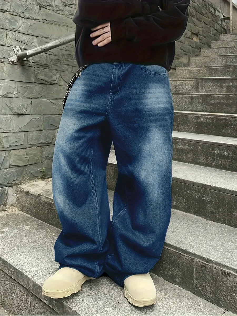 Jean large délavé coupe baggy bleu foncé style urbain unisexe - Imagen 5