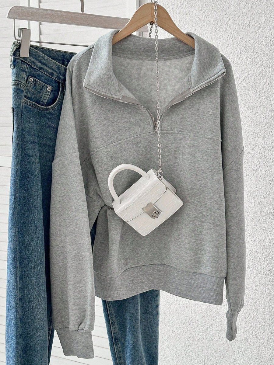 Sweatshirt Femme Col Zippé Gris à Manches Longues Doux - Imagen 6