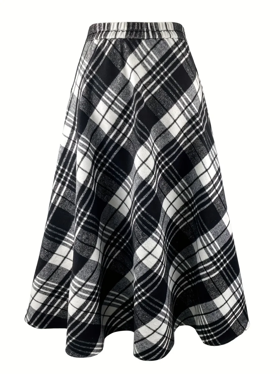 Jupe longue évasée à carreaux style écossais noir et blanc pour femme - Imagen 7