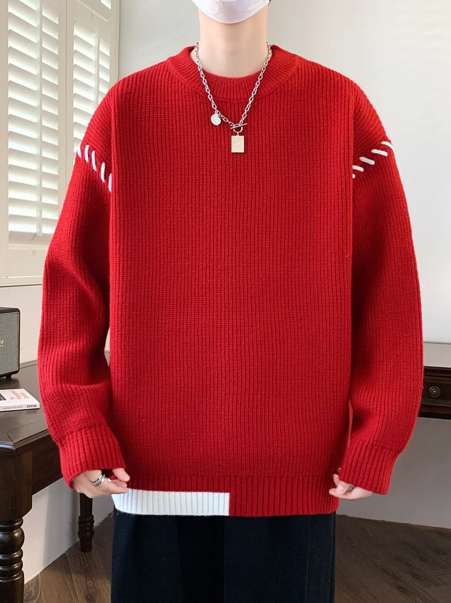 Pull col rond côtelé rouge avec détails contrastants - Imagen 7