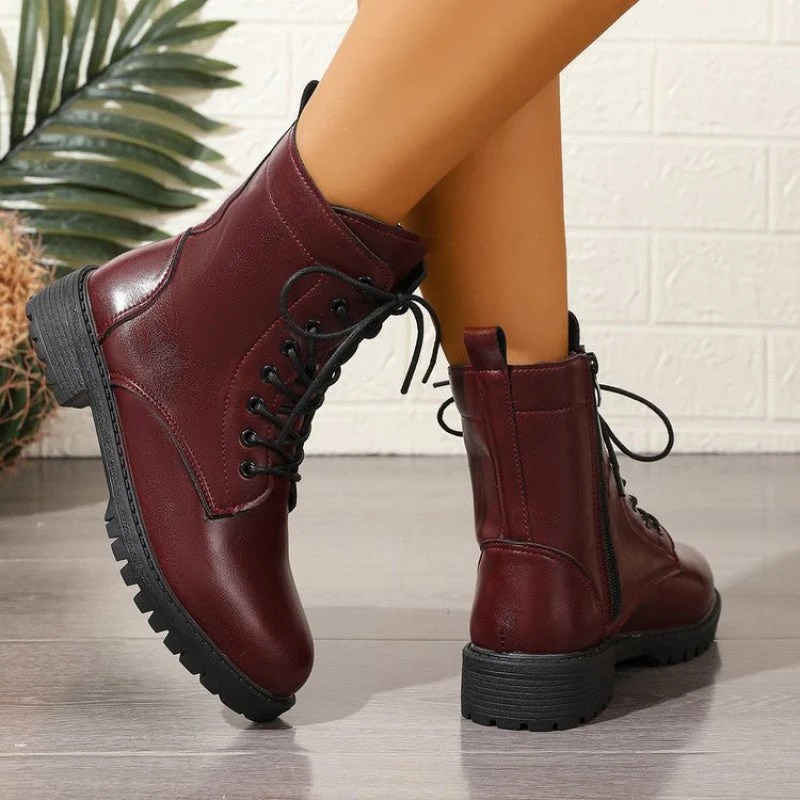 Bottes chelsea femme bordeaux à lacets et fermeture éclair latérale, semelle épaisse - Imagen 8