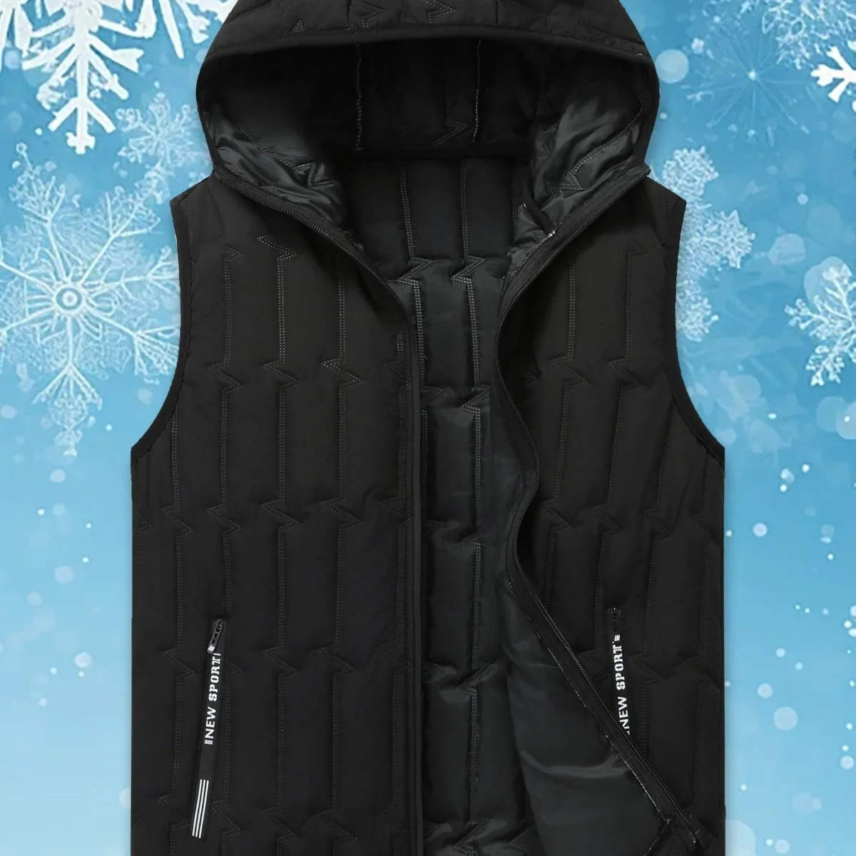 Gilet matelassé sans manches à capuche pour homme, noir, fermeture éclair - Imagen 8
