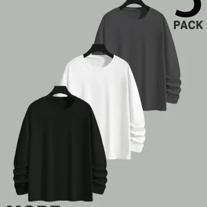 Lot de 3 T-shirts Homme Manches Longues Unis Cou Ras-du-cou Noir Gris Blanc