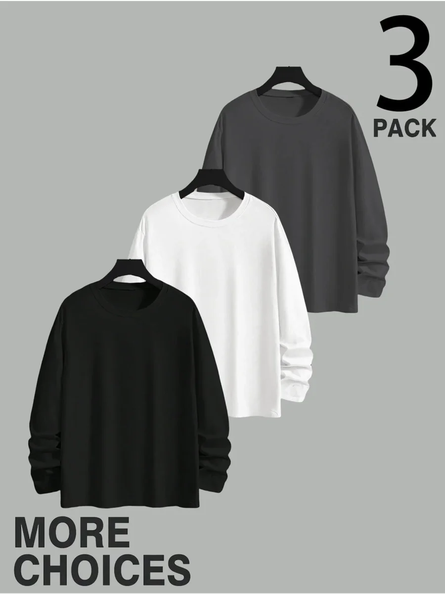 Lot de 3 T-shirts Homme Manches Longues Unis Cou Ras-du-cou Noir Gris Blanc - Imagen 2