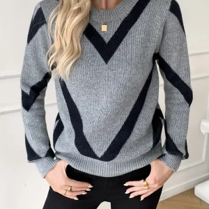 Pull Femme Col Rond Motifs Chevrons Gris et Noir Tricot Doux Manches Longues