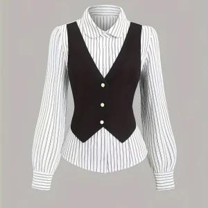 Ensemble chemise rayée blanche et noire avec gilet sans manches boutonné pour femme