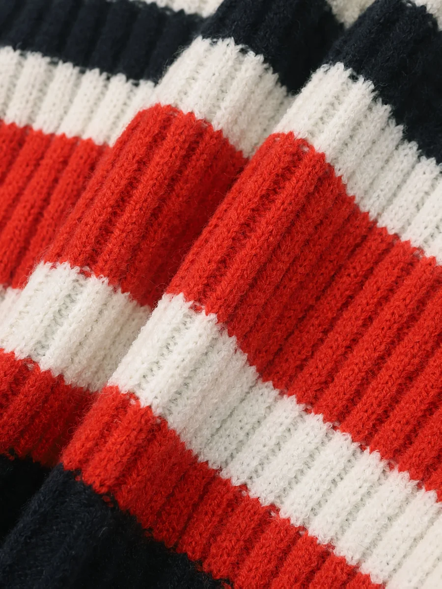 Robe côtelée moulante femme bleue marine à col roulé rayures rouge et blanc - Imagen 8