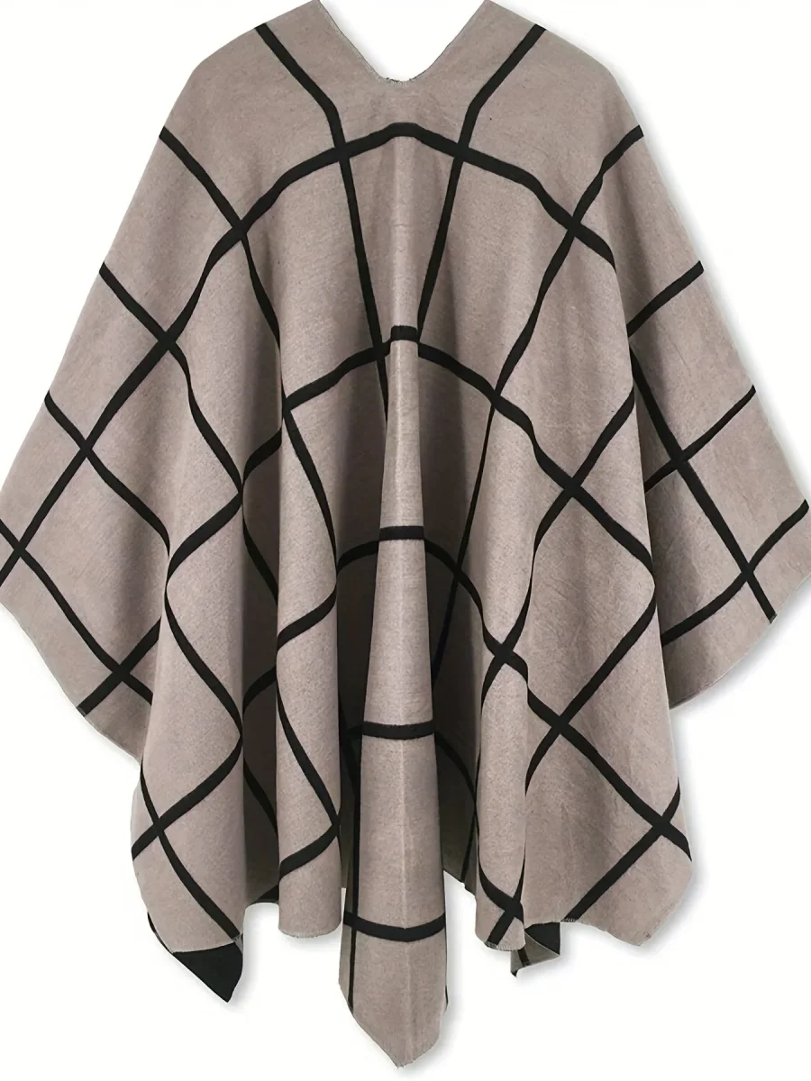 Poncho Réversible Femme Grille Noir et Beige Style Cape Élégante - Imagen 4