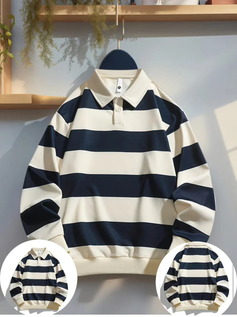Polo manches longues à rayures horizontales marron et blanc cassé pour homme - Imagen 5