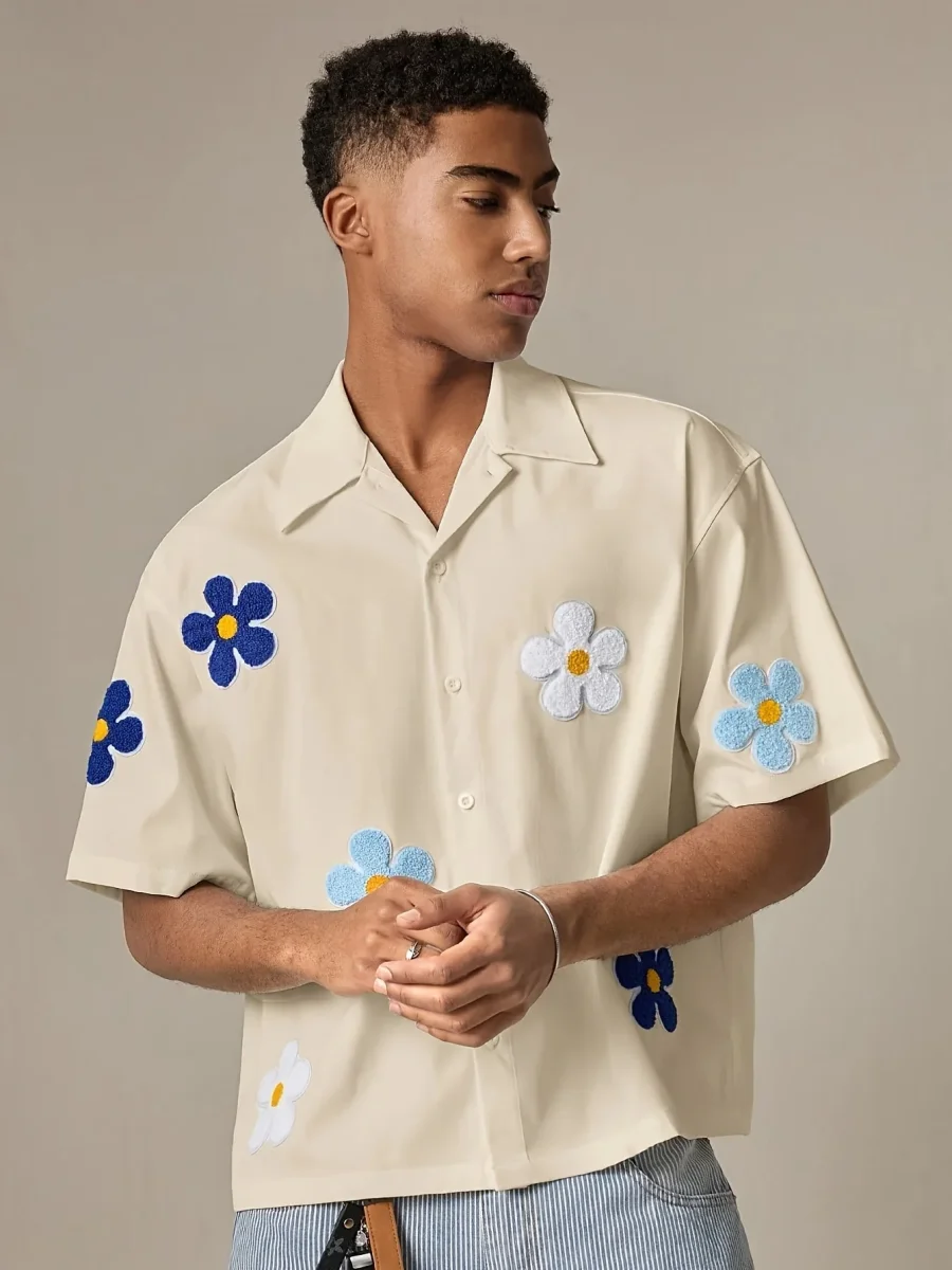 Chemise homme décontractée à manches courtes style camp avec appliqués floraux pour look estival tendance - Imagen 6