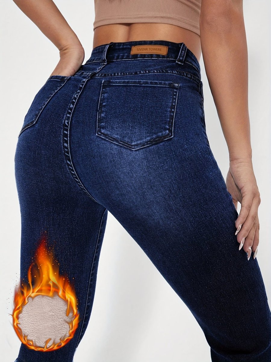 Jean évasé taille haute bleu foncé doublé matière douce pour femme - Imagen 6