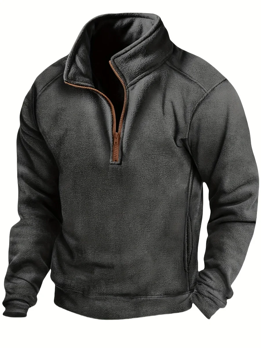 Polaire Homme Col Montant Bleu Marine Fermeture Éclair Marron - Imagen 4