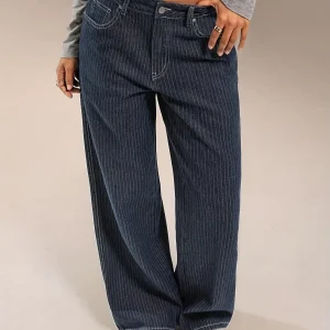 Jean large délavé bleu marine rayé taille haute pour femme