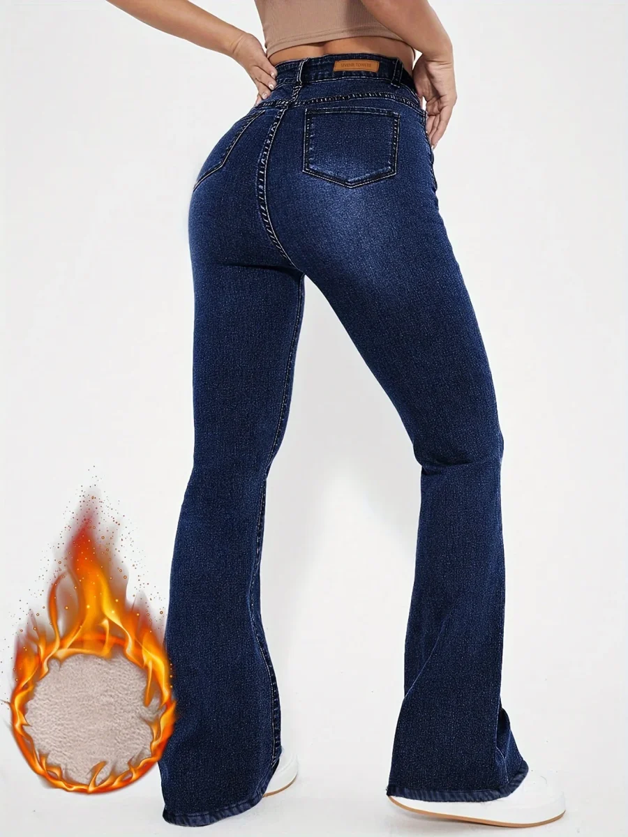 Jean évasé taille haute bleu foncé doublé matière douce pour femme - Imagen 3