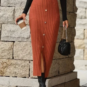 Jupe longue côtelée femme boutonnée fendue taille haute