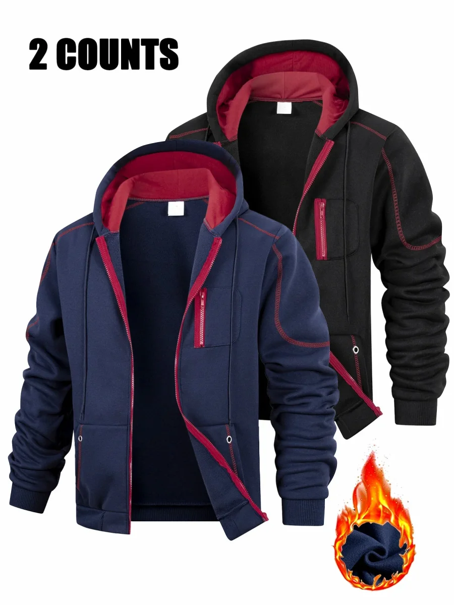 Lot de 2 Hoodies Homme Zippés Bicolores Chauds avec Capuche et Poches - Imagen 3