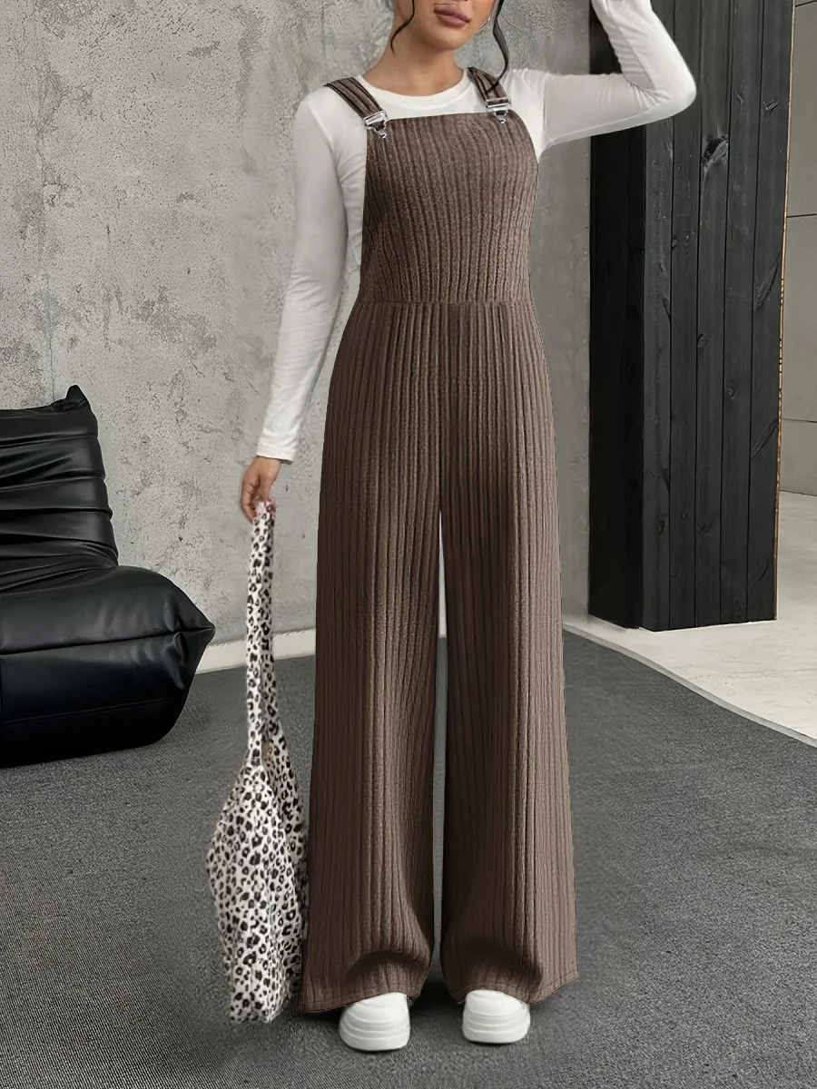 Salopette Femme ample côtelée gris clair à bretelles avec boucle - Imagen 3
