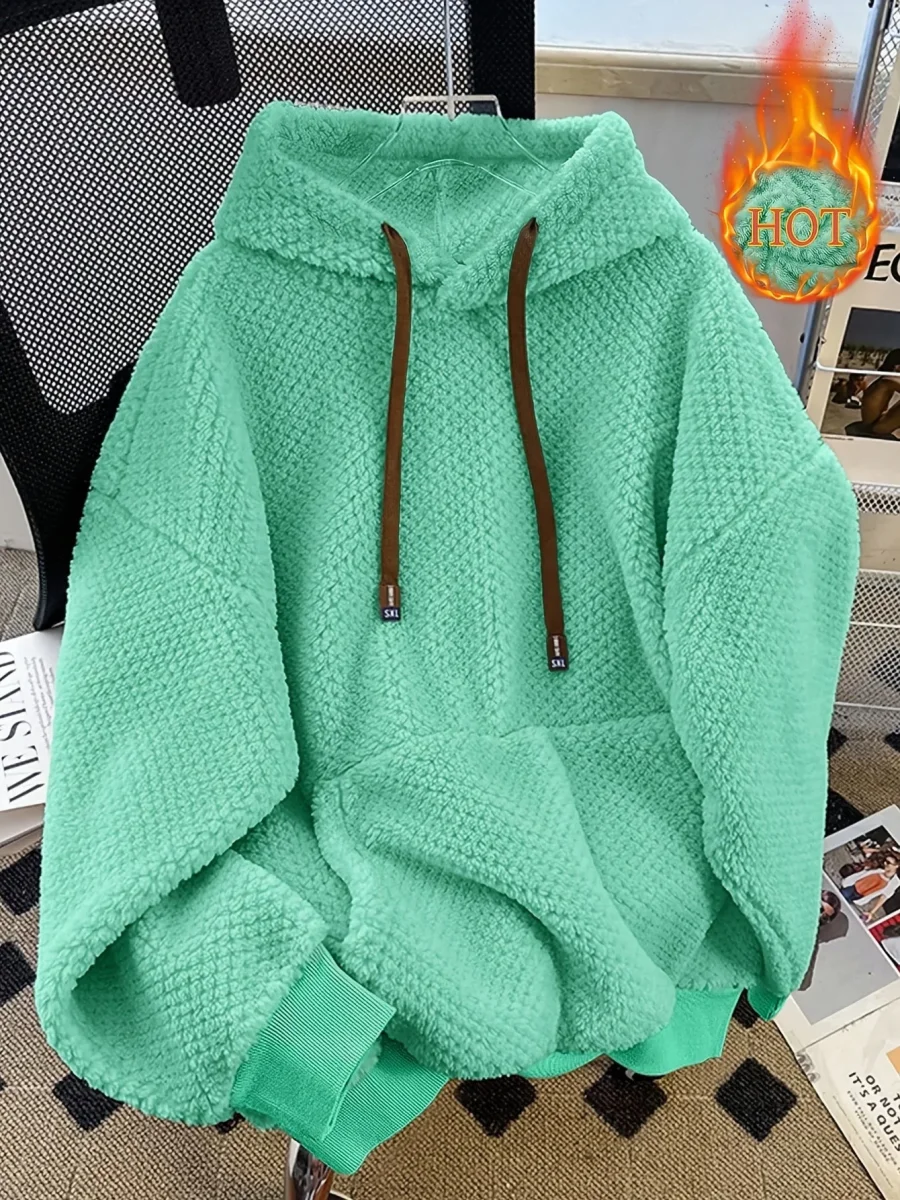 Sweat à Capuche Doux Effet Peluche Vert Militaire avec Cordon Contrastant - Imagen 4