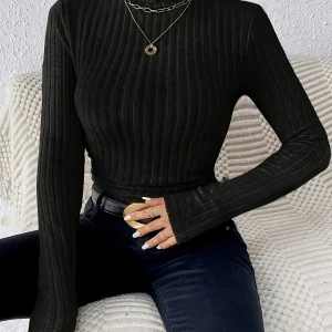 T-shirt Femme Col Montant Nervuré Manches Longues Noir