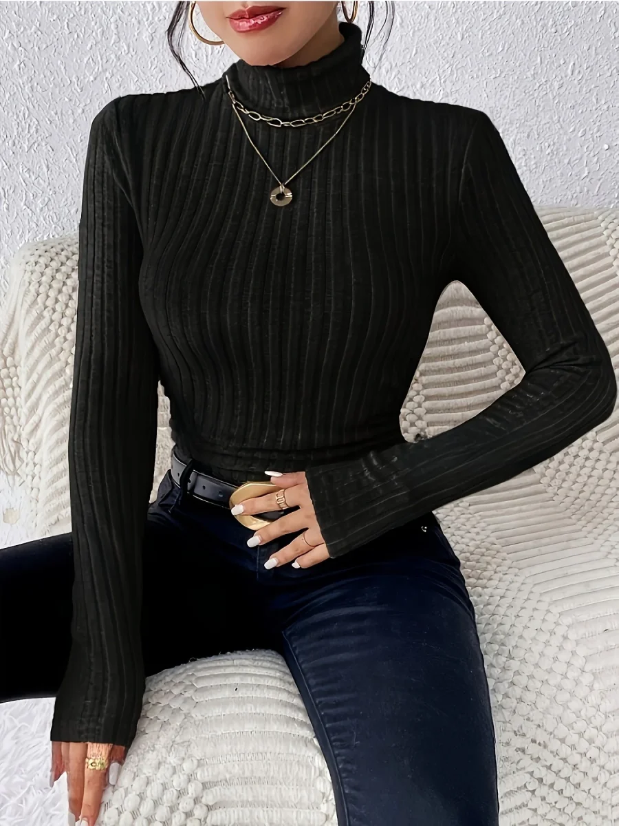T-shirt Femme Col Montant Nervuré Manches Longues Noir - Imagen 2
