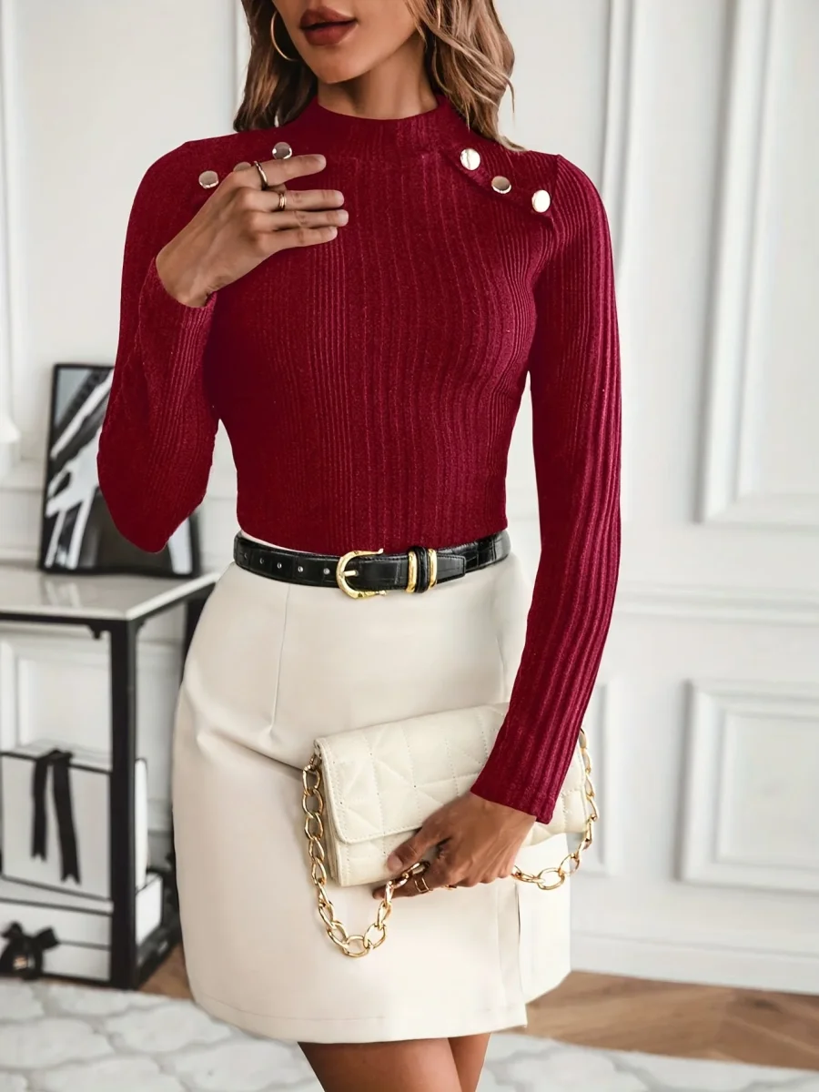 Pull côtelé à col montant et boutons dorés Femme - Imagen 8