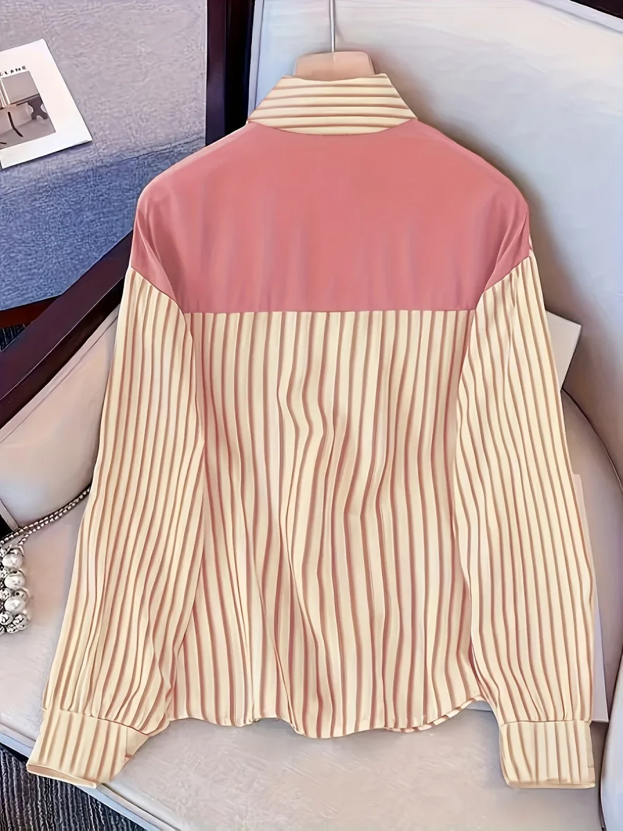 Chemise rayée femme à manches longues avec fausse écharpe nouée devant - Imagen 6