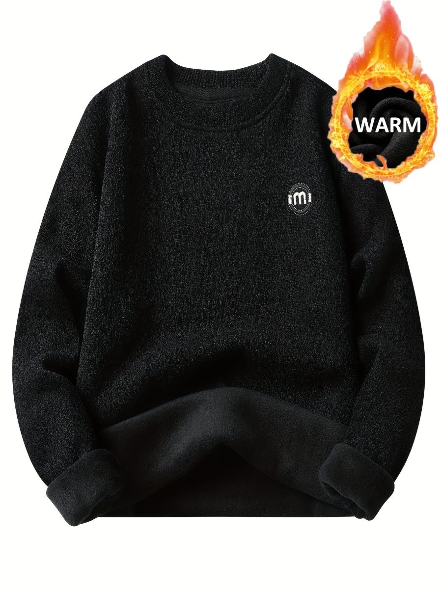 Sweat-shirt polaire homme à col rond, doublure chaude et côtelée, pull uni décontracté - Imagen 4