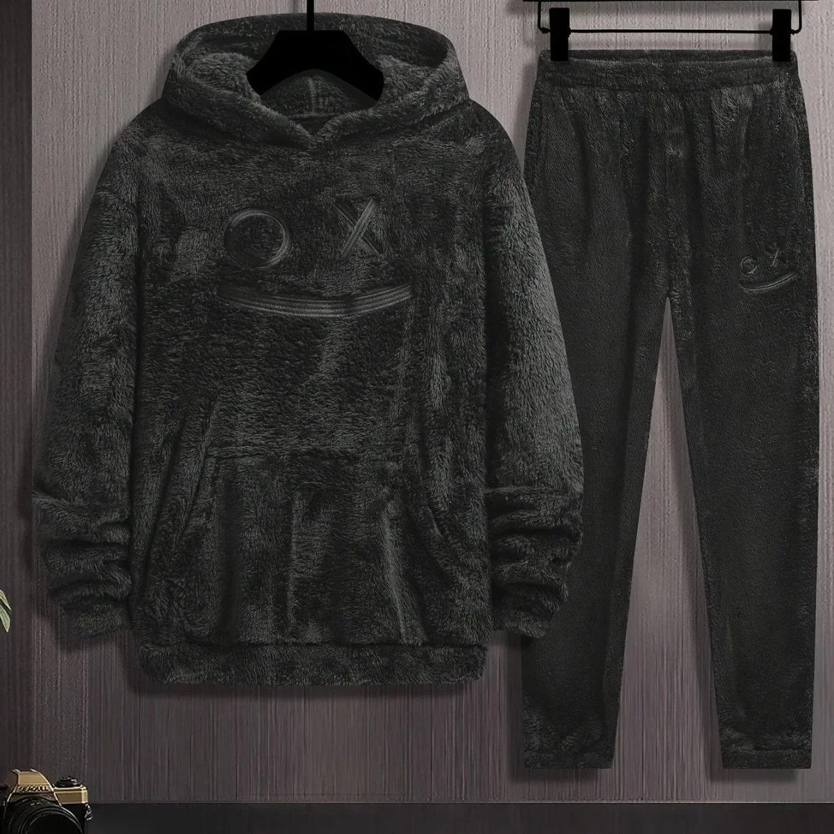 Ensemble Homme Doux Noir à Capuche et Pantalon Motif Géométrique Relief - Imagen 8