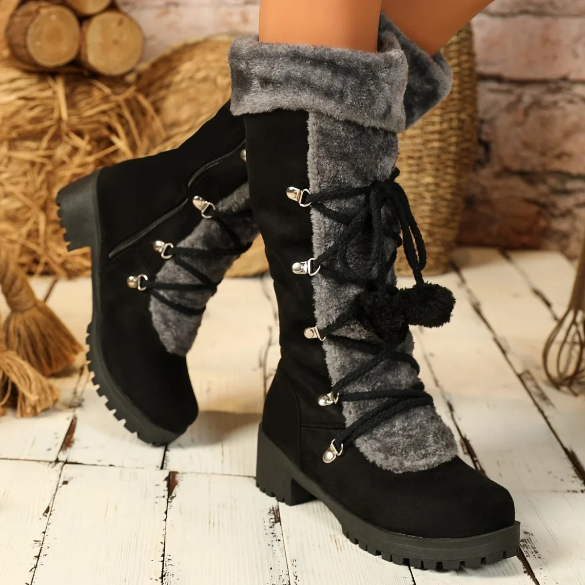 Bottes Femme Noires Mi-Mollet Effet Daim avec Doublure Fourrure Grise et Lacets Décoratifs - Imagen 6