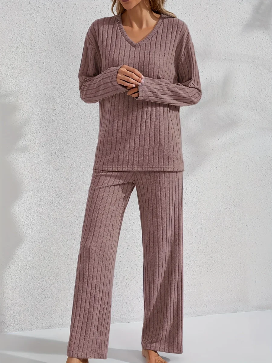 Ensemble détente côtelé Femme col V, pantalon large et haut manches longues - Imagen 8