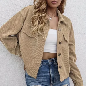 Veste Chemise Femme Côtelée Beige à Boutons et Poches Poitrine